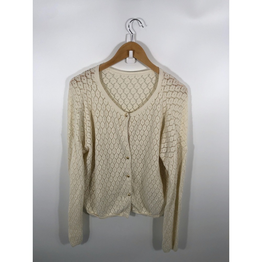 Orta 100% Organic Cotton Pointelle Knit Cardigan Womens XL Beige Coastal Boho